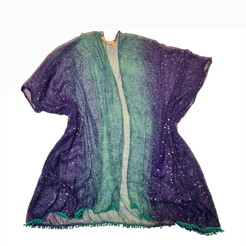 Soft Surroundings Blue Teal Ombre Kimono Wrap Pom Pom Trim One Size Resort Boho‎
